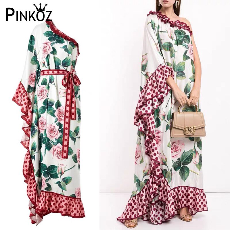 Loose Rose-Flower Dress with Off Shoulder Diagonal Collar