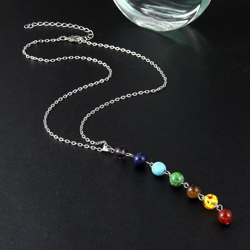 7 Chakra Beads in Natural Stone Long Drop Pendant
