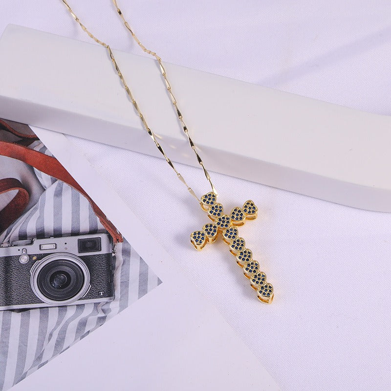 Fashion Copper Micro Inlaid Zircon Heart Cross Pendant Necklace