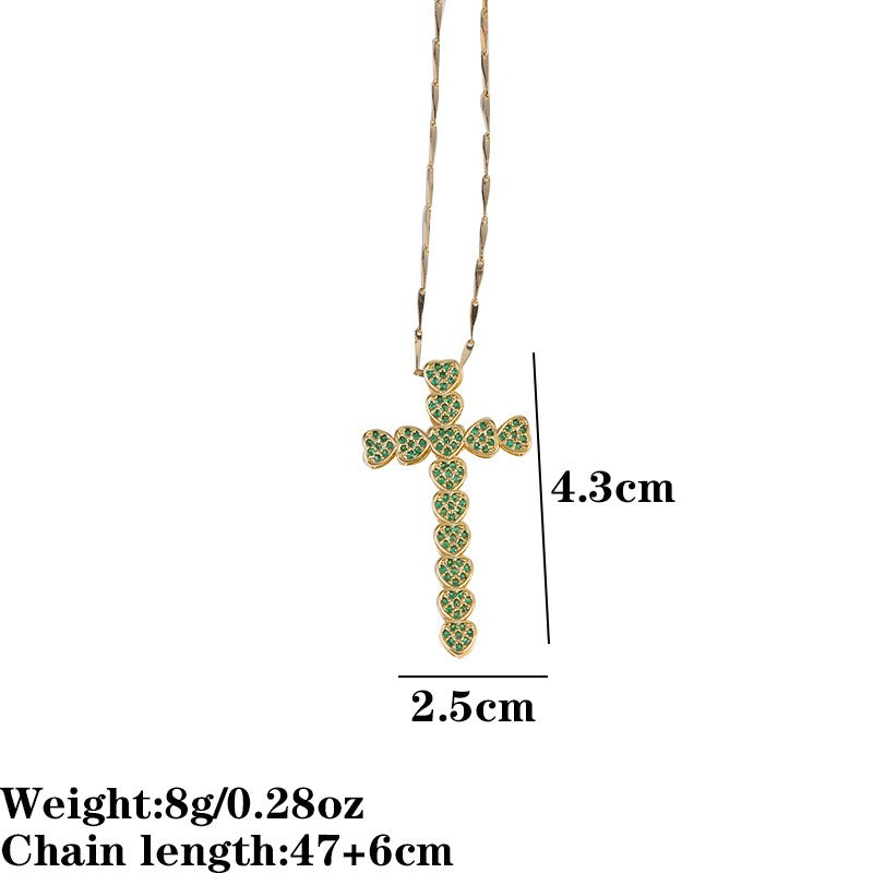 Fashion Copper Micro Inlaid Zircon Heart Cross Pendant Necklace