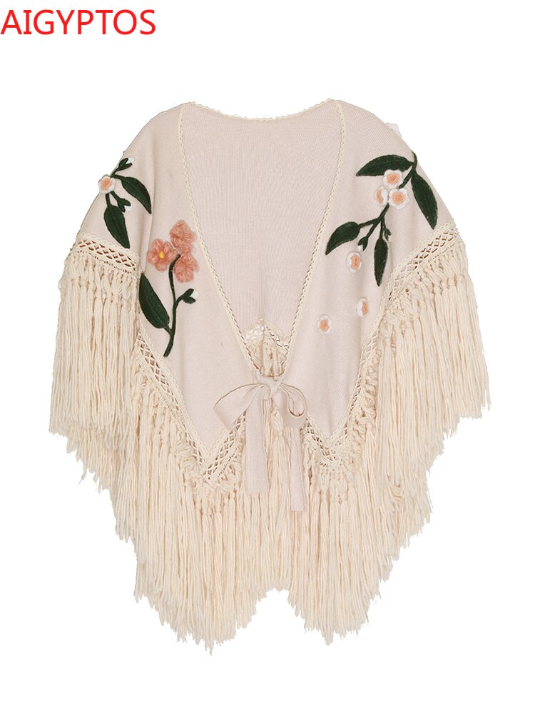 Vintage Eclectic BOHO Knit Embroidered Tassel Shawl