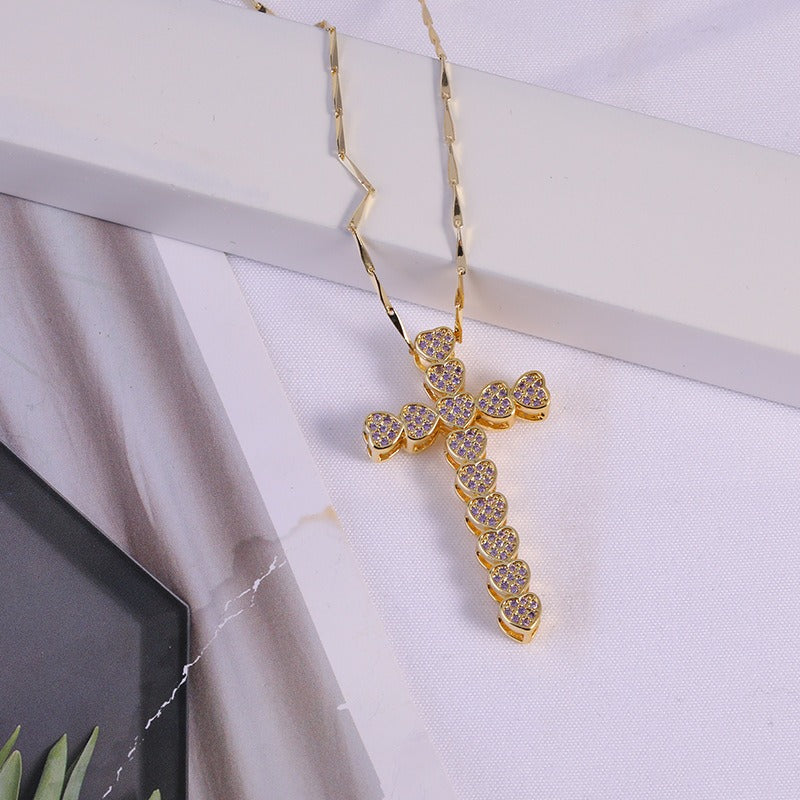 Fashion Copper Micro Inlaid Zircon Heart Cross Pendant Necklace