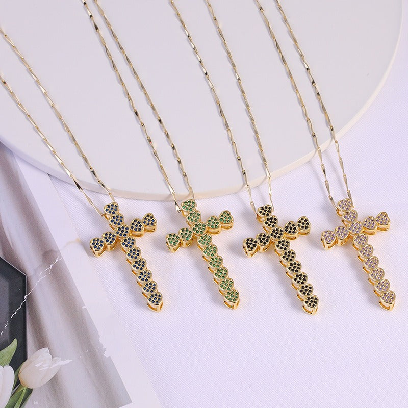 Fashion Copper Micro Inlaid Zircon Heart Cross Pendant Necklace