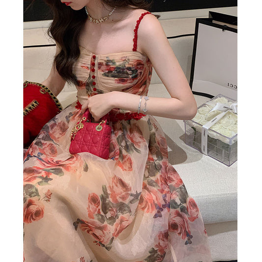 Red Tea Rose French Floral Strappy Dress