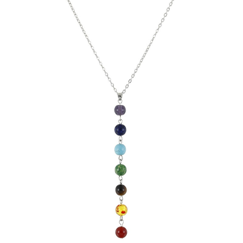 7 Chakra Beads in Natural Stone Long Drop Pendant