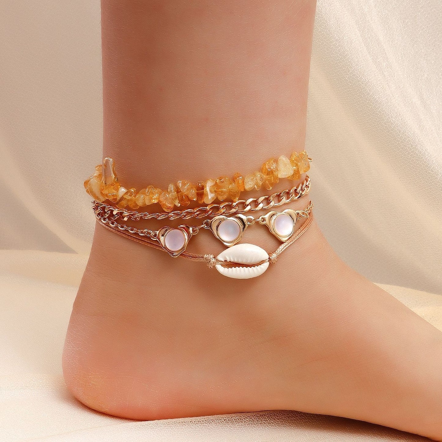 Vintage  Bohemian Eclectic Anklet in Shell and Natural Stones