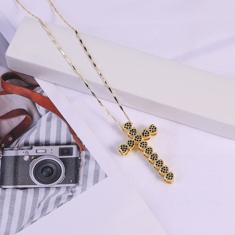 Fashion Copper Micro Inlaid Zircon Heart Cross Pendant Necklace