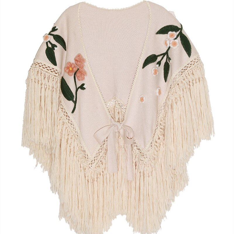 Vintage Eclectic BOHO Knit Embroidered Tassel Shawl