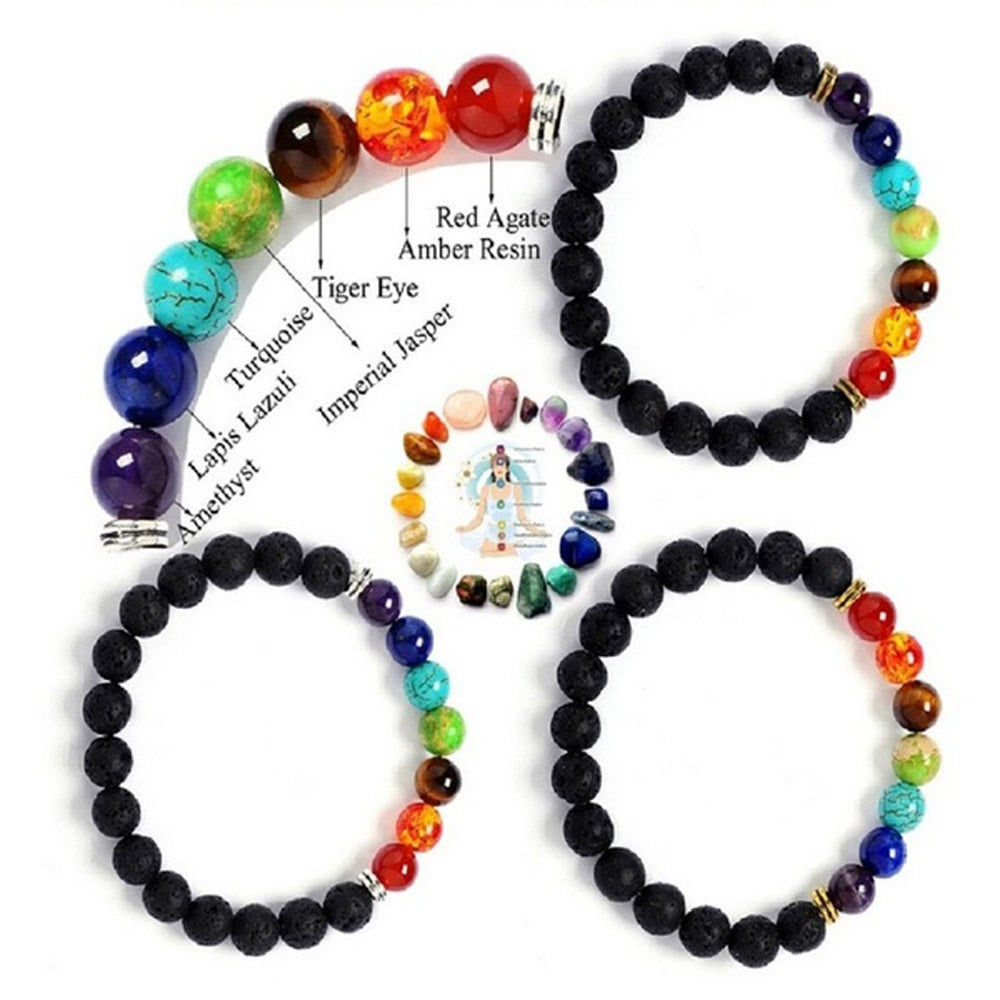 7 Chakra Beaded Bracelet with  Natural Lava Stone